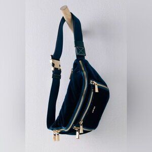 NWOT Free People Deep Teal Velvet Crossbody Belt Bag with Gold Hardware